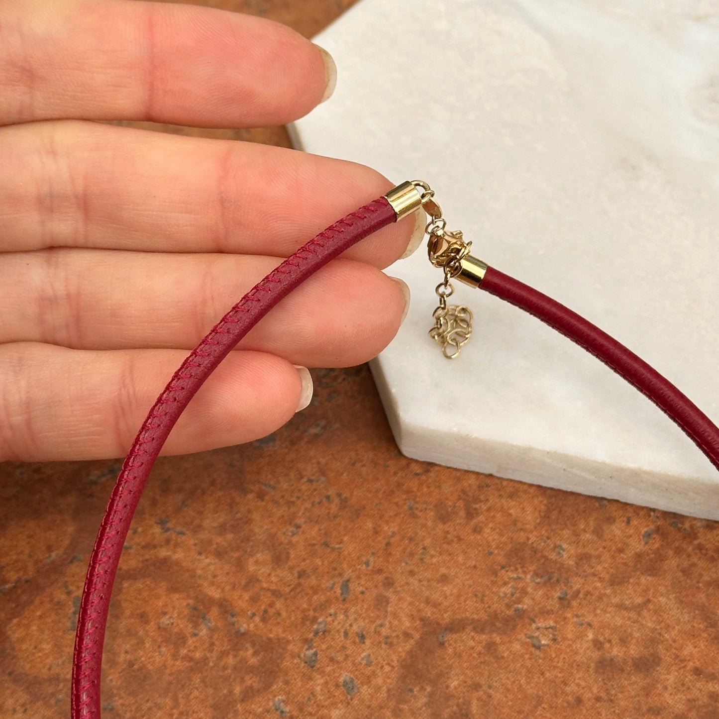 14KT Yellow Gold Dark Red Leather Cord Necklace Choker Adjustable