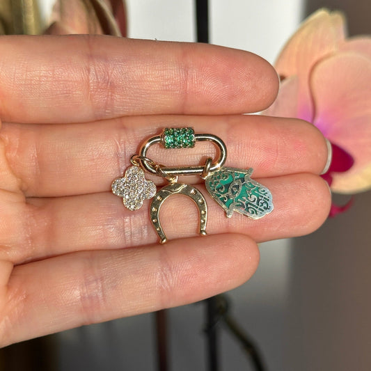 14KT Yellow Gold Green CZ Pave Oval Necklace Enhancer Carabiner Clasp