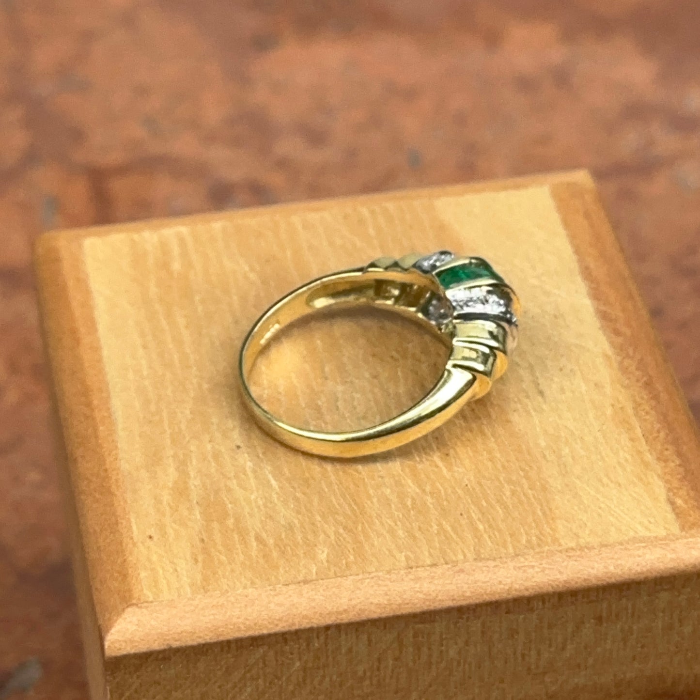 Estate 14KT Yellow Gold Channel Set Emerald + Diamond Ring