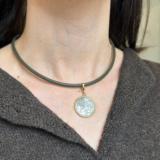 14KT Yellow Gold Dark Green Leather Cord Necklace Choker Adjustable