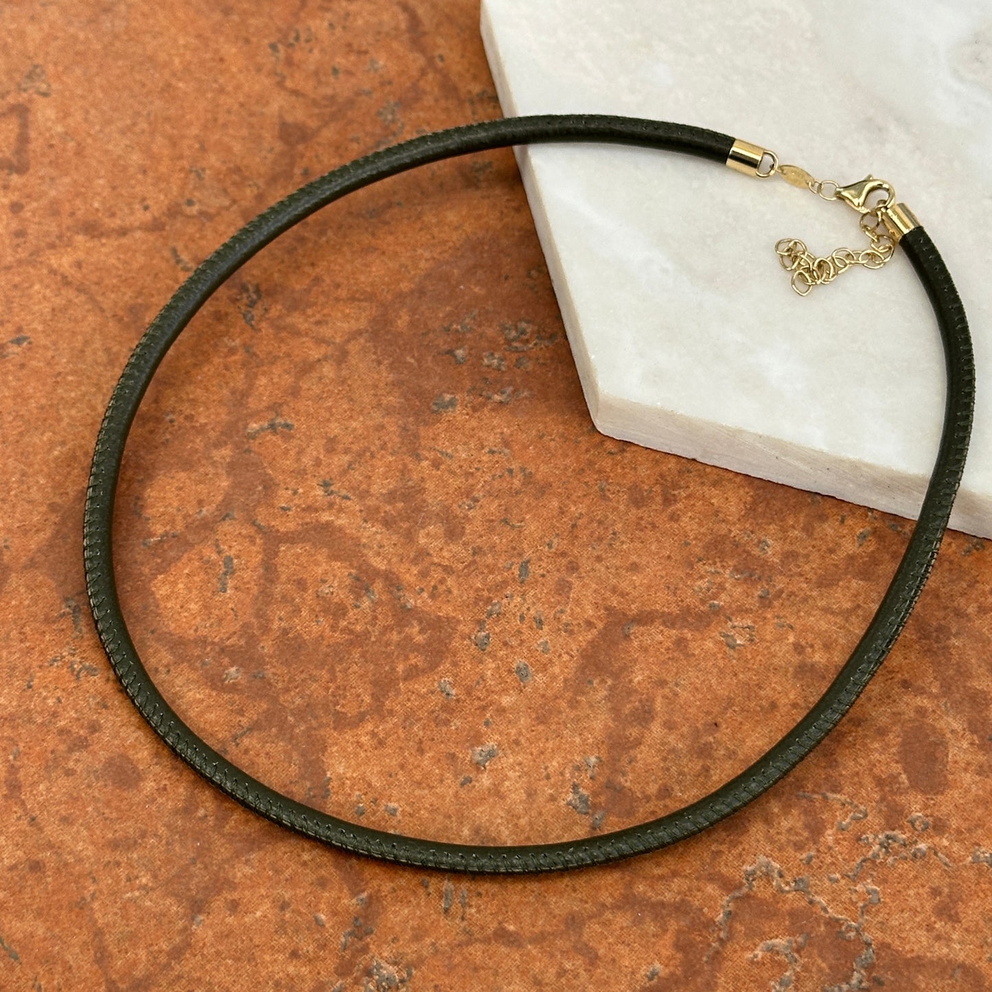 14KT Yellow Gold Dark Green Leather Cord Necklace Choker Adjustable