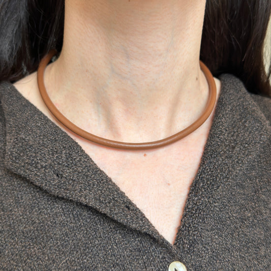 14KT Yellow Gold Brown Leather Cord Necklace 6mm Choker Adjustable