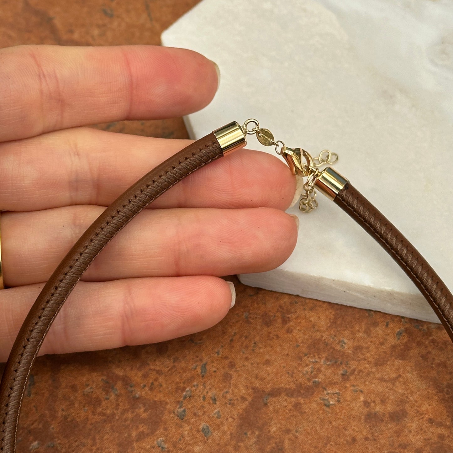 14KT Yellow Gold Brown Leather Cord Necklace 6mm Choker Adjustable
