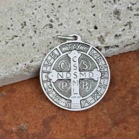 Sterling Silver Antiqued St Benedict Round Medal Pendant Charm 30mm