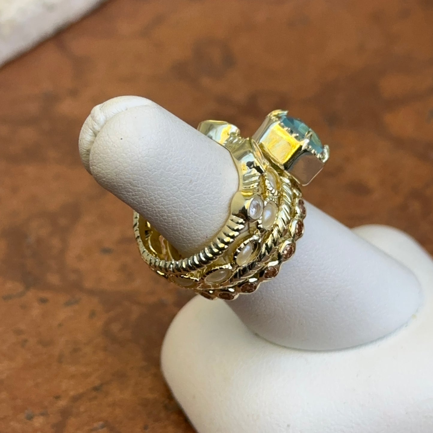 Yellow Gold-Plated Blue Topaz, Brown & White CZ, Seed Pearl Bead Stackable Ring Set