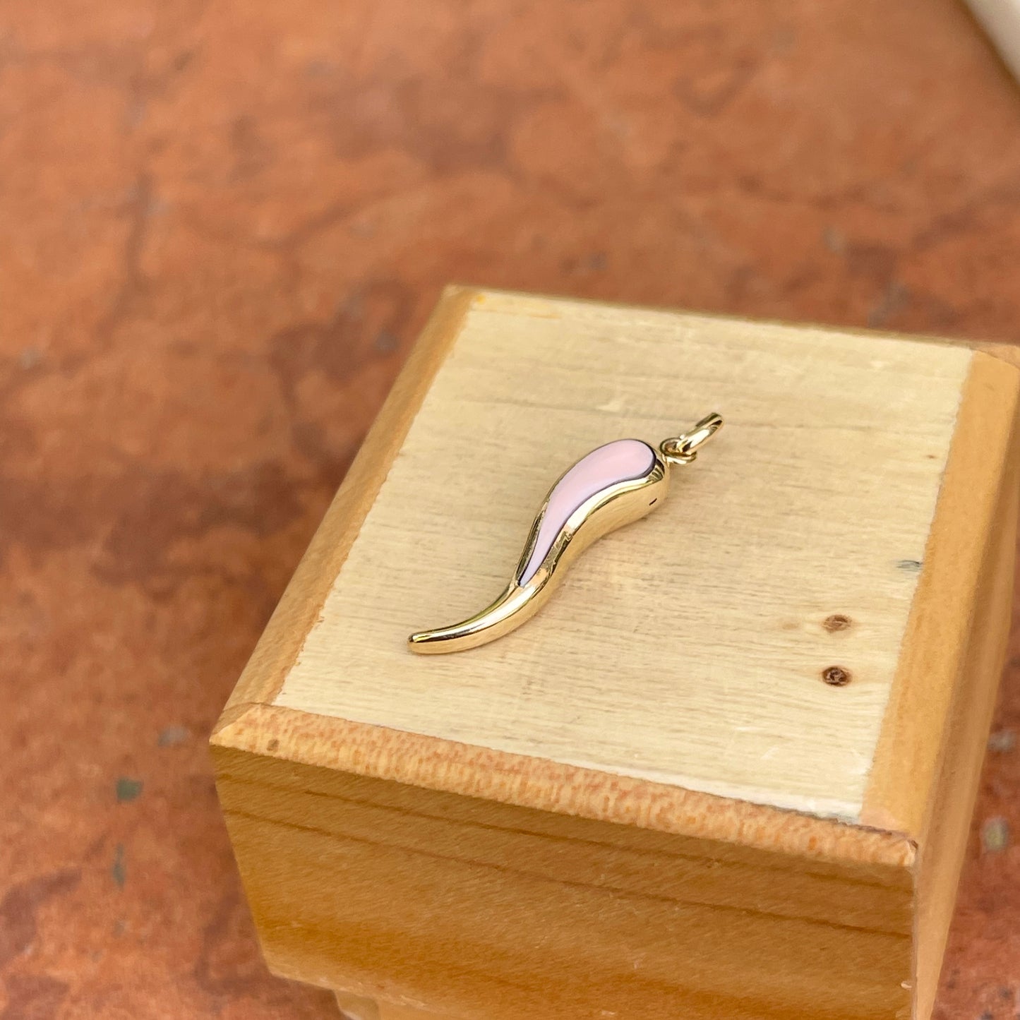 14KT Yellow Gold Light Pink Enamel Cornicello Italian Horn Pendant
