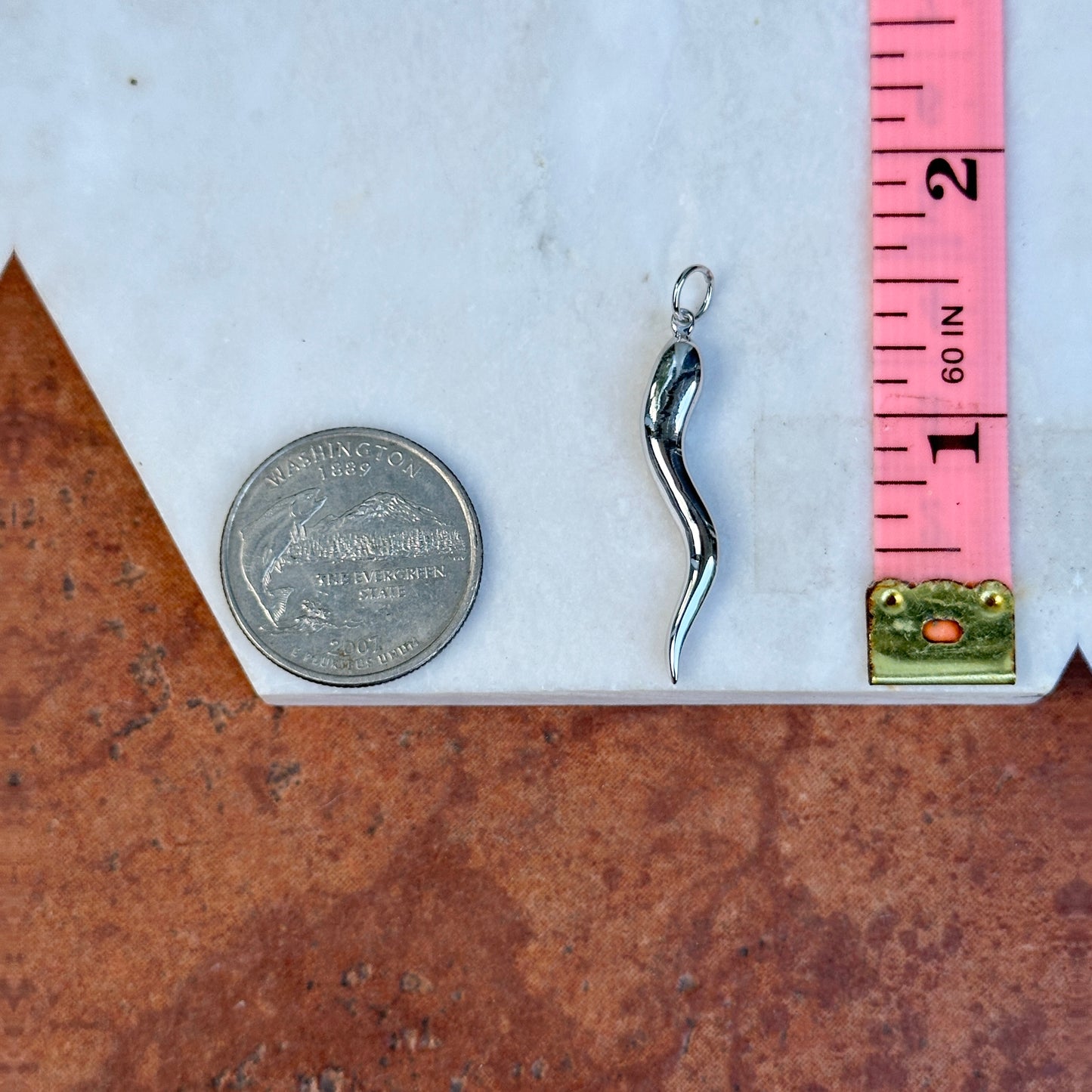 14KT White Gold Solid Italian Horn Corno Pendant 40mm