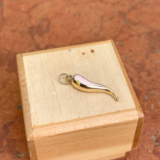 14KT Yellow Gold Light Pink Enamel Cornicello Italian Horn Pendant