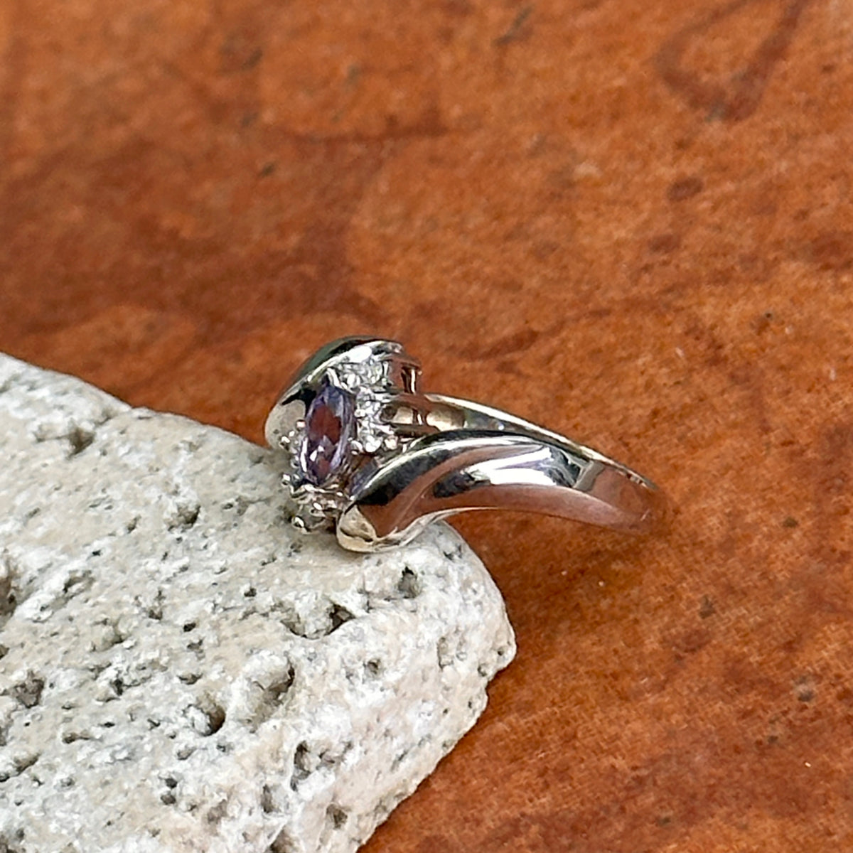 Estate 14KT White Gold Marquise Tanzanite + Diamond Bypass Ring
