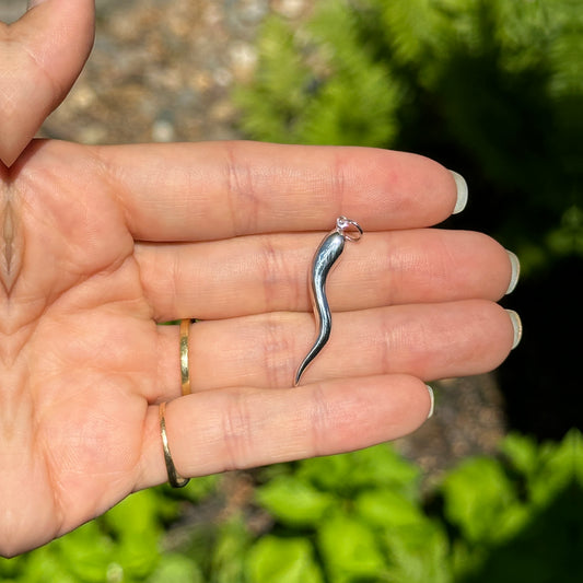 14KT White Gold Solid Italian Horn Corno Pendant 40mm