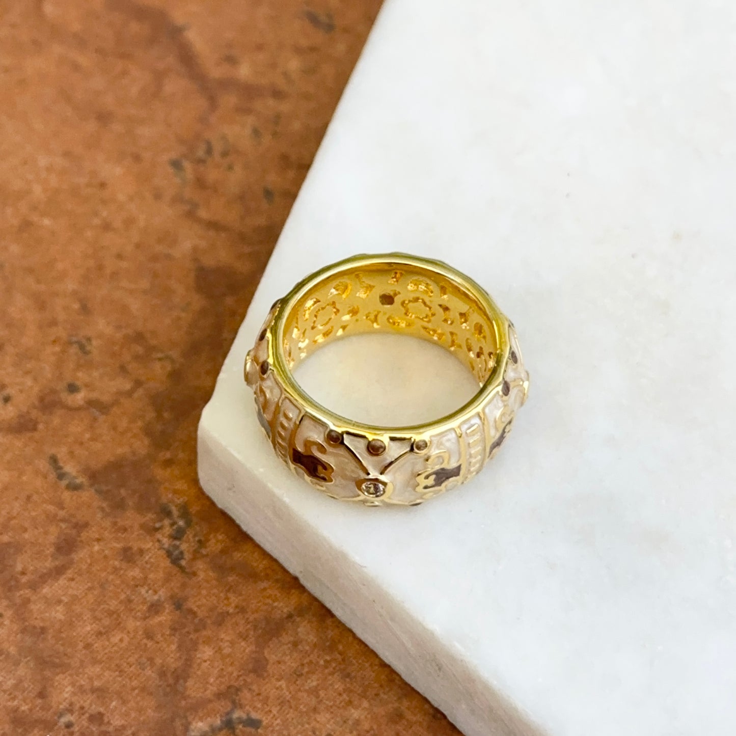 18K Yellow Gold-Plated Brass Round CZ + Cream Enamel Horse Ring