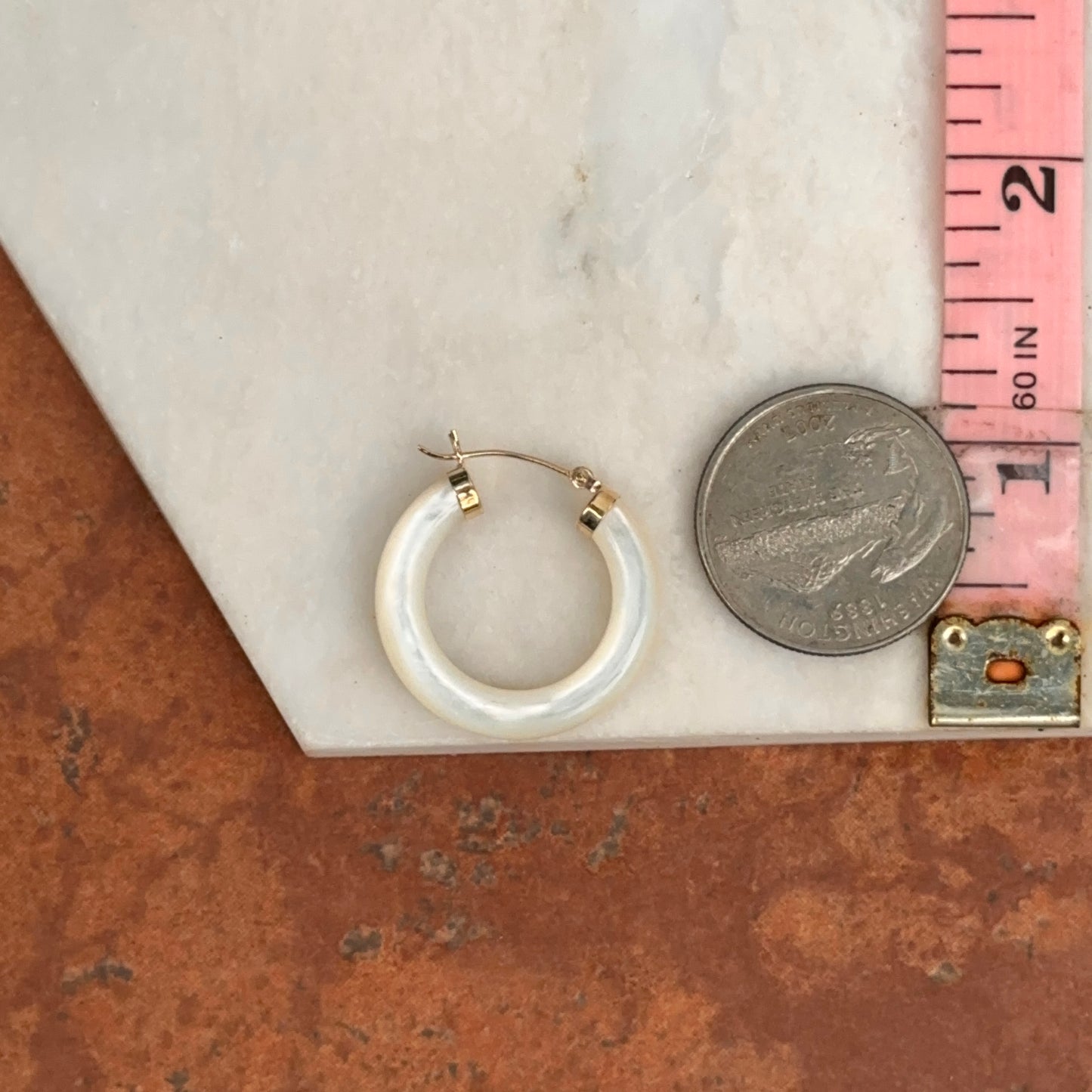 14KT Yellow Gold Mother of Pearl Tube Hoop Earrings 24mm