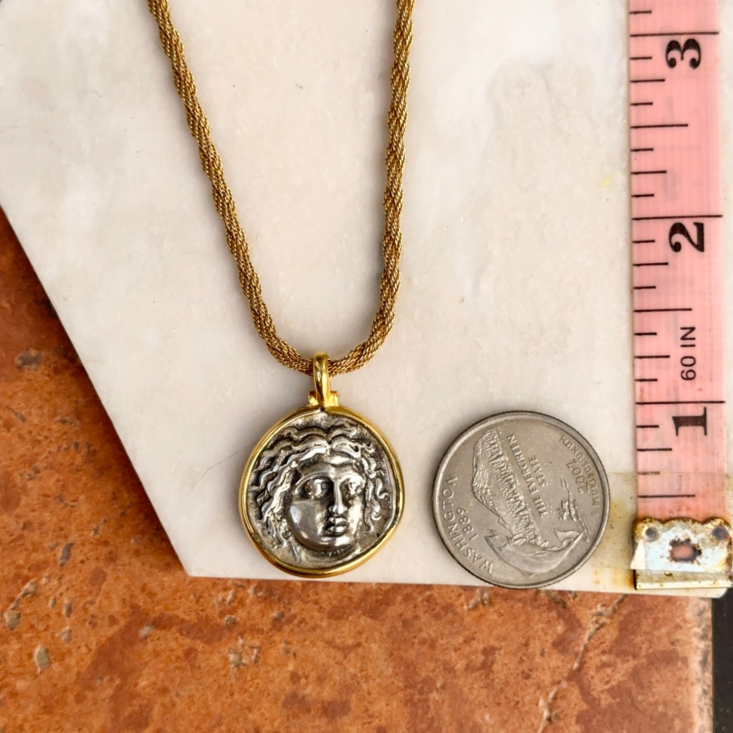 Estate Gold-Tone Medusa Coin Replica Pendant on Gold Filled Necklace