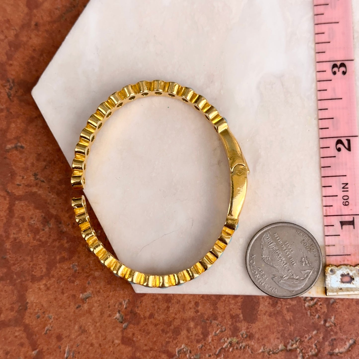 Estate Yellow Gold Tone Bezel Oval Blue Stone Hinged Bangle Bracelet