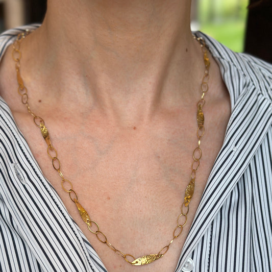 14KT Yellow Gold Hammered Oval Links Necklace 24"
