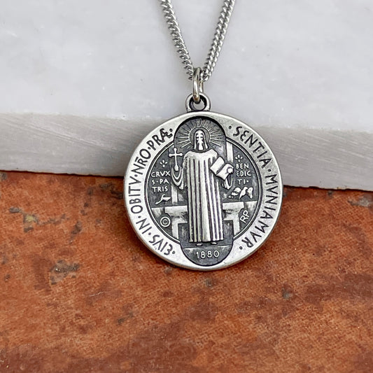 Sterling Silver St Benedict Round Medal Chain Necklace