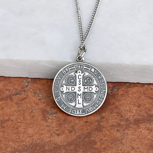 Sterling Silver St Benedict Round Medal Chain Necklace