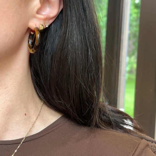 14KT Yellow Gold Tiger's Eye Tube Hoop Earrings 30mm