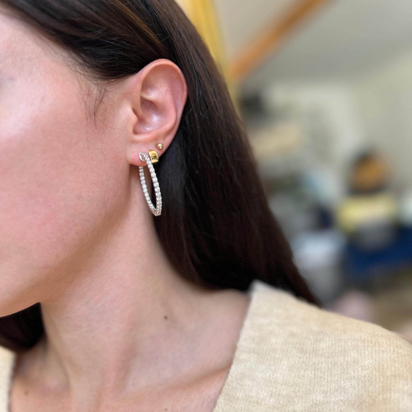 Sterling Silver Inside Outside CZ Hoop Earrings 39mm