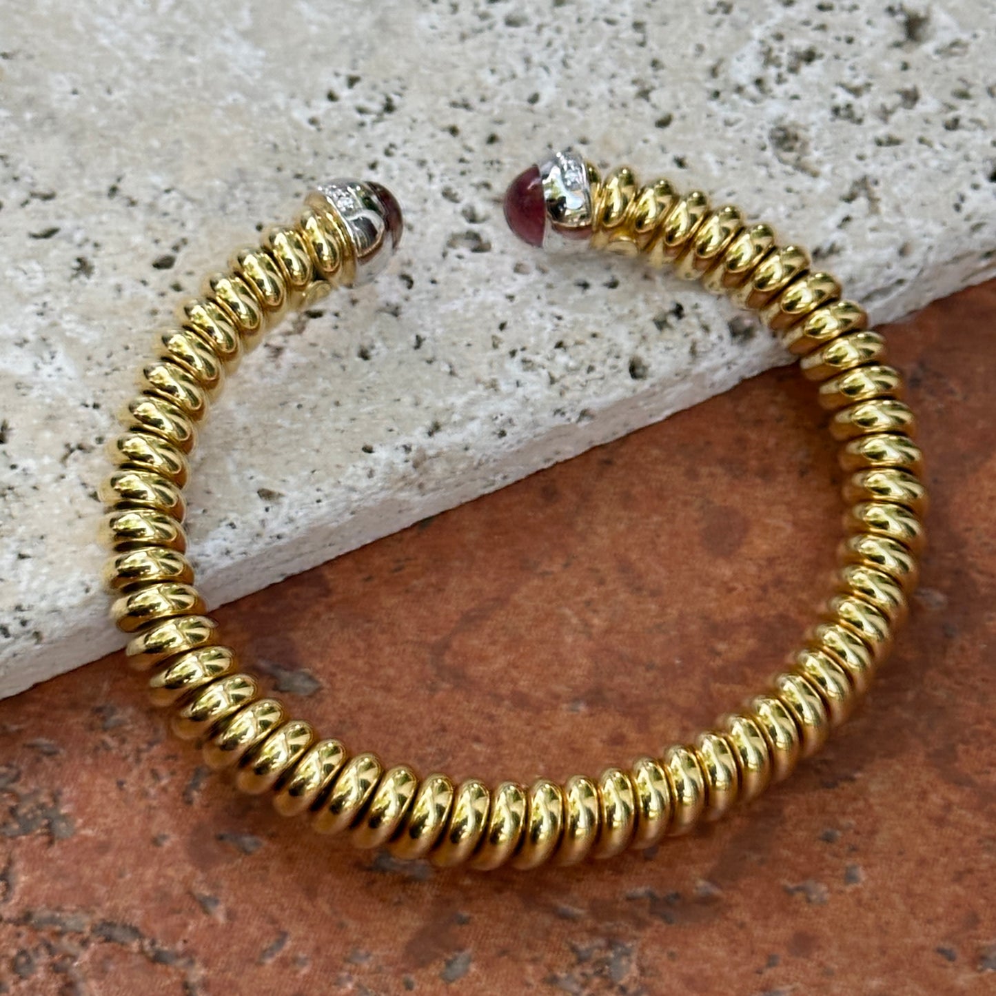 18KT Yellow Gold Pink Tourmaline + Pave Diamond Ribbed Bangle Cuff Bracelet - LSJ