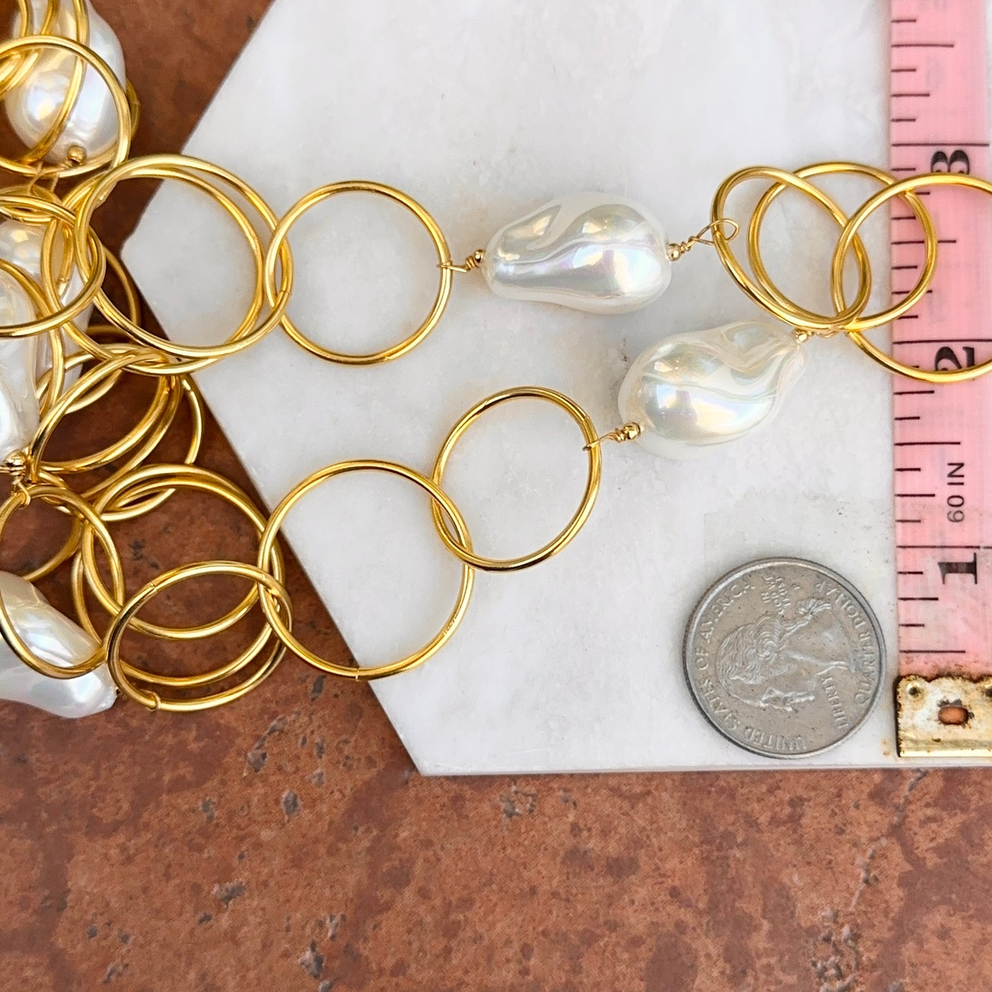 Yellow Gold-Plated Round Link + Pearl Bead Necklace 40''