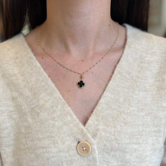 14KT Yellow Gold Black Onyx Clover Beaded Pendant Charm 12mm