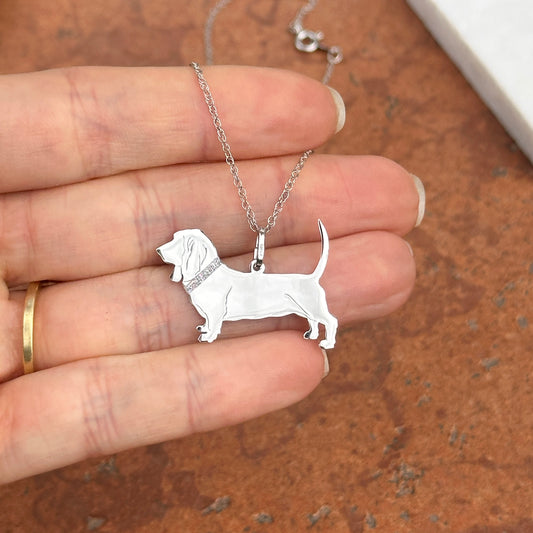 Sterling Silver Basset Hound Dog Pendant Necklace
