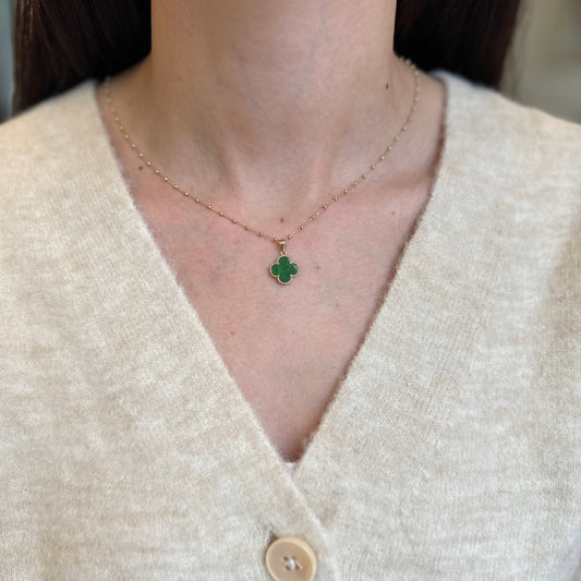 14KT Yellow Gold Green Jade Clover Beaded Pendant Charm 12mm