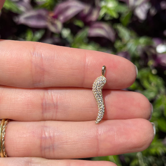 14KT Yellow Gold CZ Stone Cornicello Italian Horn Pendant 25mm