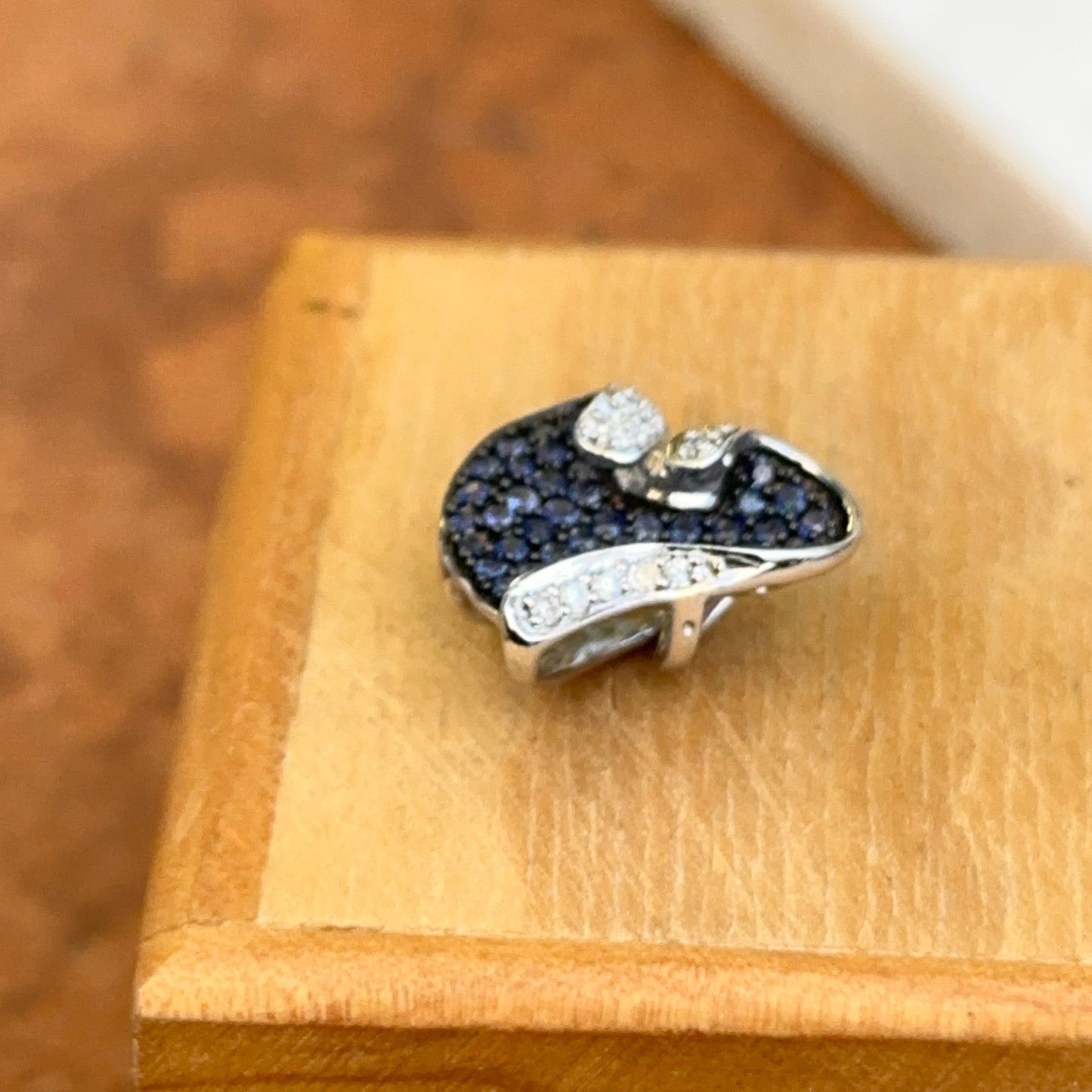 Estate 14K White Gold Black Rhodium Plated Blue Sapphire + Diamond Pave Heart Pendant