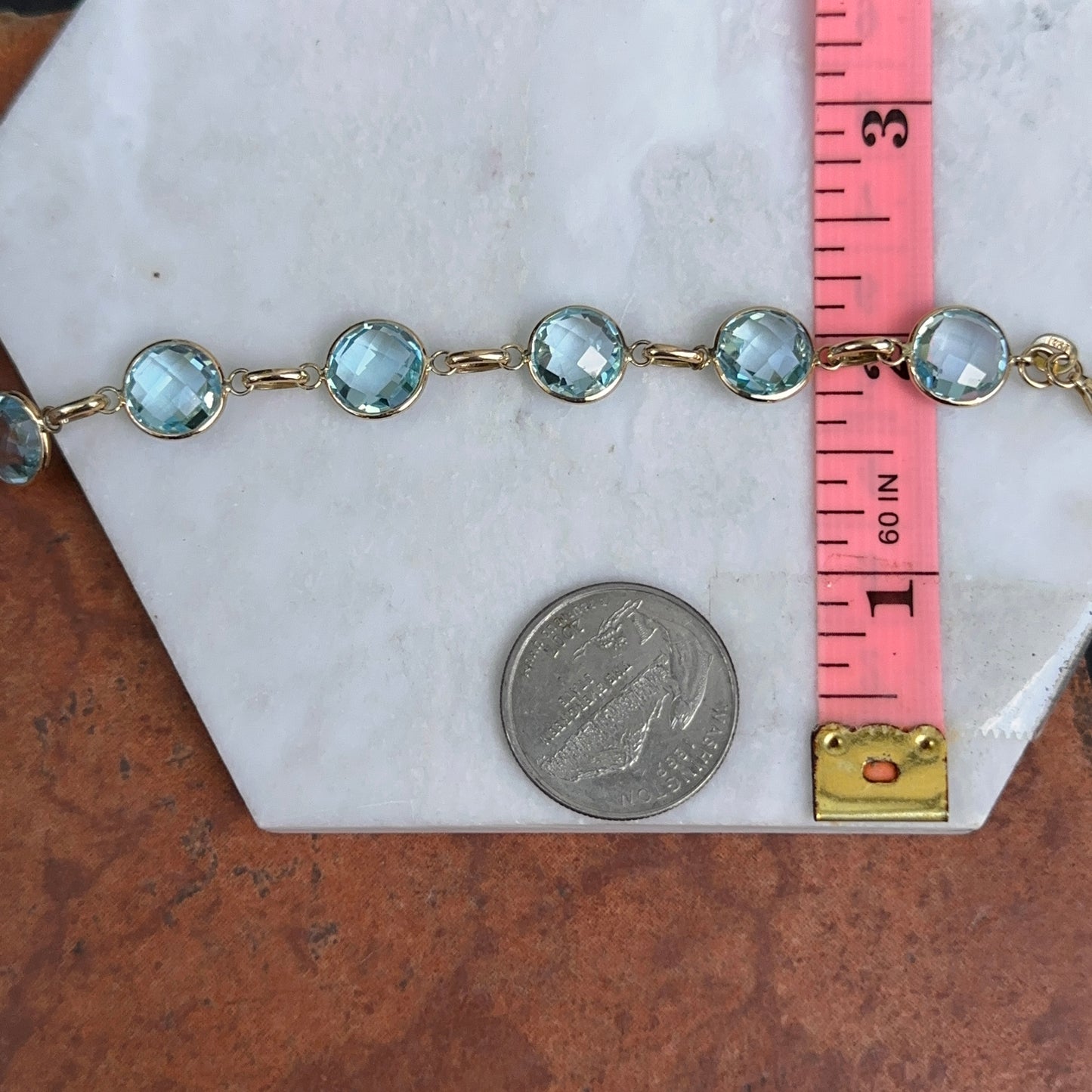 14KT Yellow Gold Checkerboard Faceted Blue Topaz Bezel Set Bracelet