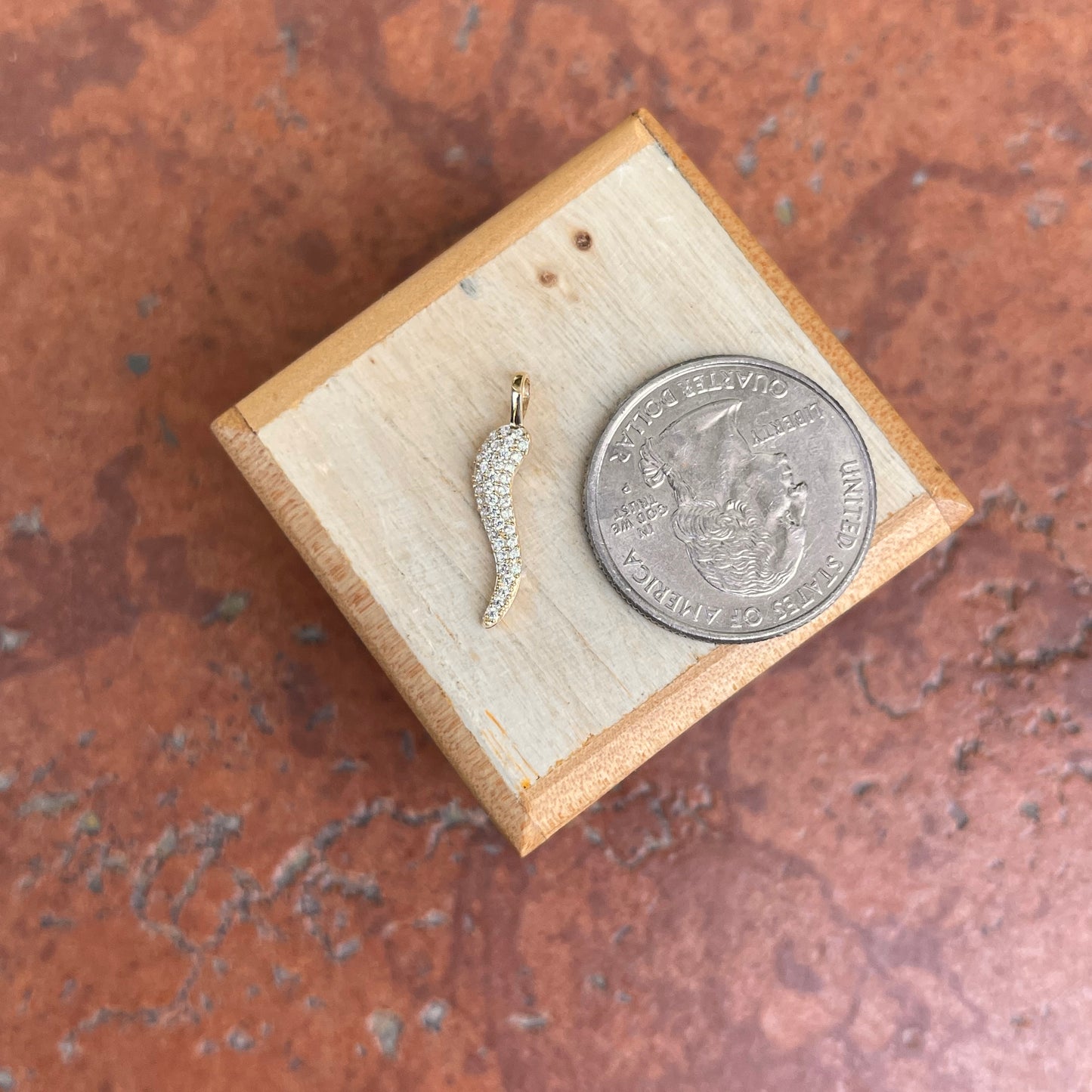 14KT Yellow Gold CZ Stone Italian Horn Cornicello Pendant Charm 21mm