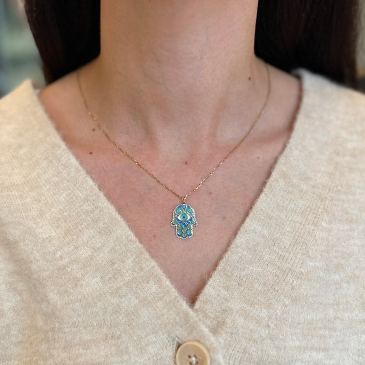 14KT Yellow Gold Blue Enamel Filigree Hamsa Pendant Necklace