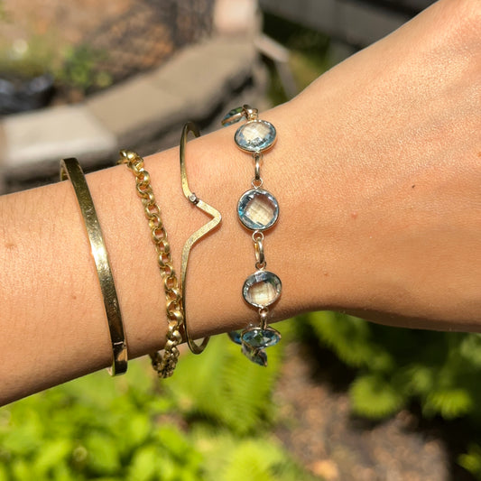 14KT Yellow Gold Checkerboard Faceted Blue Topaz Bezel Set Bracelet