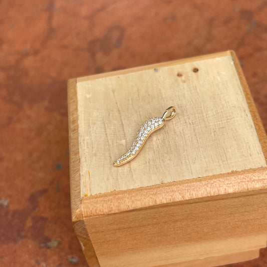 14KT Yellow Gold CZ Stone Italian Horn Cornicello Pendant Charm 21mm