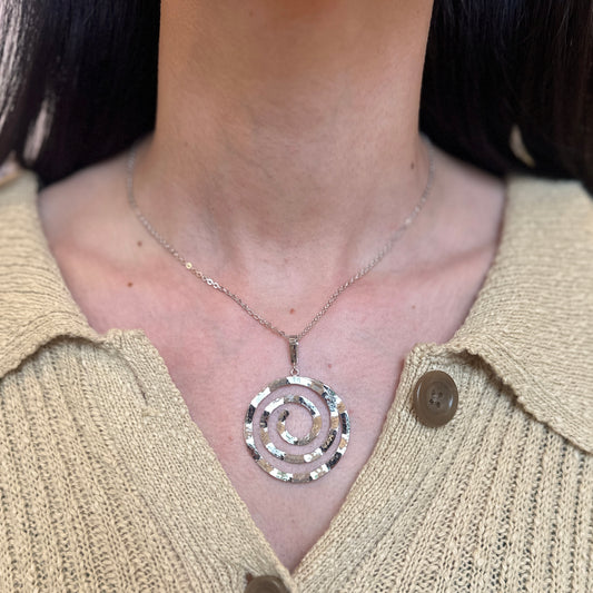 Sterling Silver Large Hammered Circle Swirl Pendant Chain Necklace