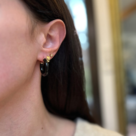 14KT Yellow Gold Black Onyx Tube Hoop Earrings 24mm