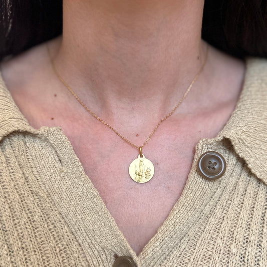 14KT Yellow Gold Our Lady of Fatima Round Matte Medal Pendant 18mm