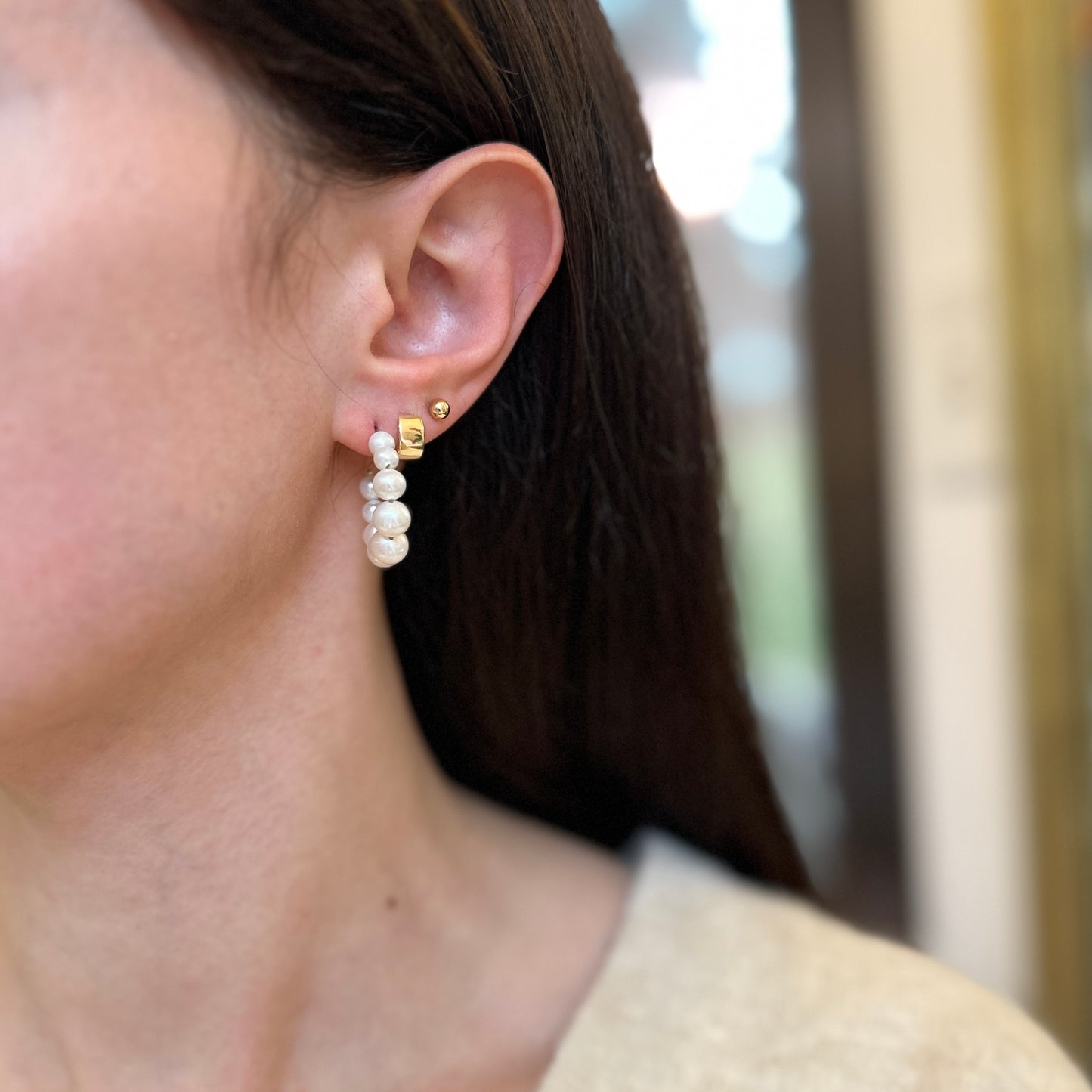 Sterling Silver Freshwater Pearl C-Shape Hoop Earrings