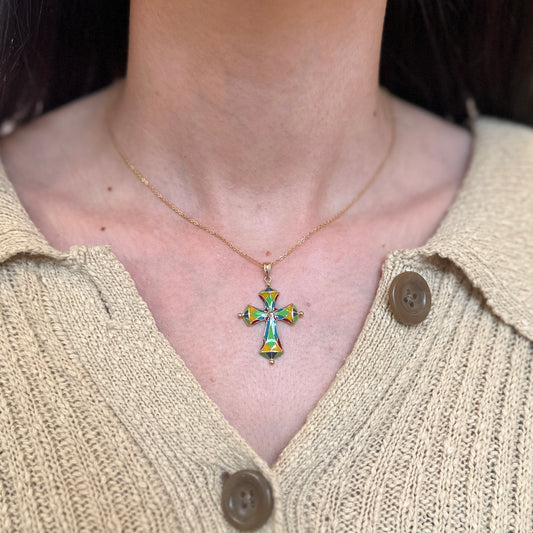 14KT Yellow Gold Multi Color Enamel Cross Pendant Charm