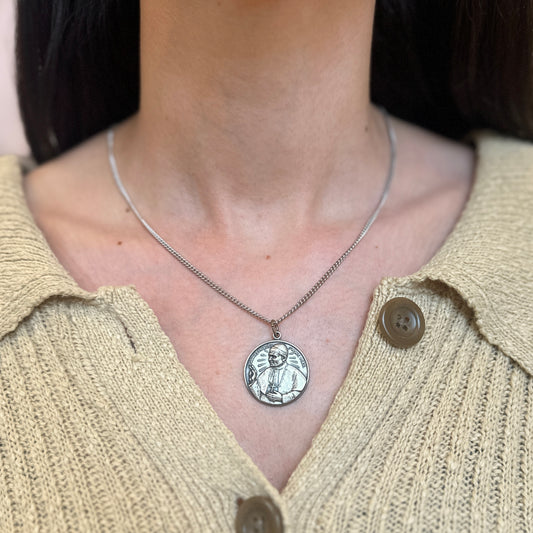 Sterling Silver Antiqued Pope John Medal Pendant Chain Necklace 24"