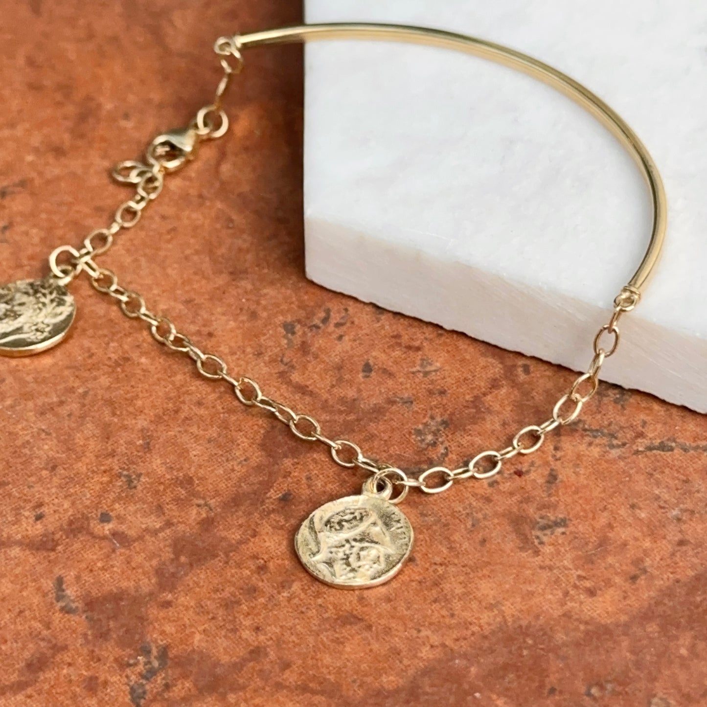 14KT Yellow Gold Half Bangle + Charm Roman Coin Bracelet