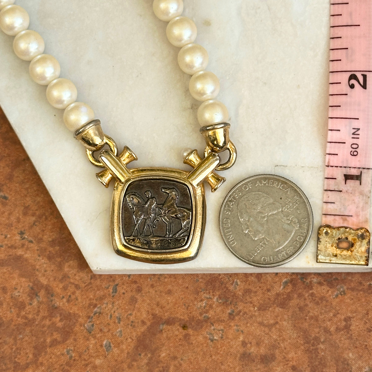 Estate Gold-Tone Marvella Coin + Faux Pearl Necklace