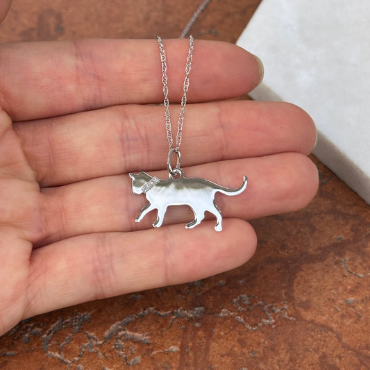 Sterling Silver Strolling Cat Flat Pendant Charm Necklace