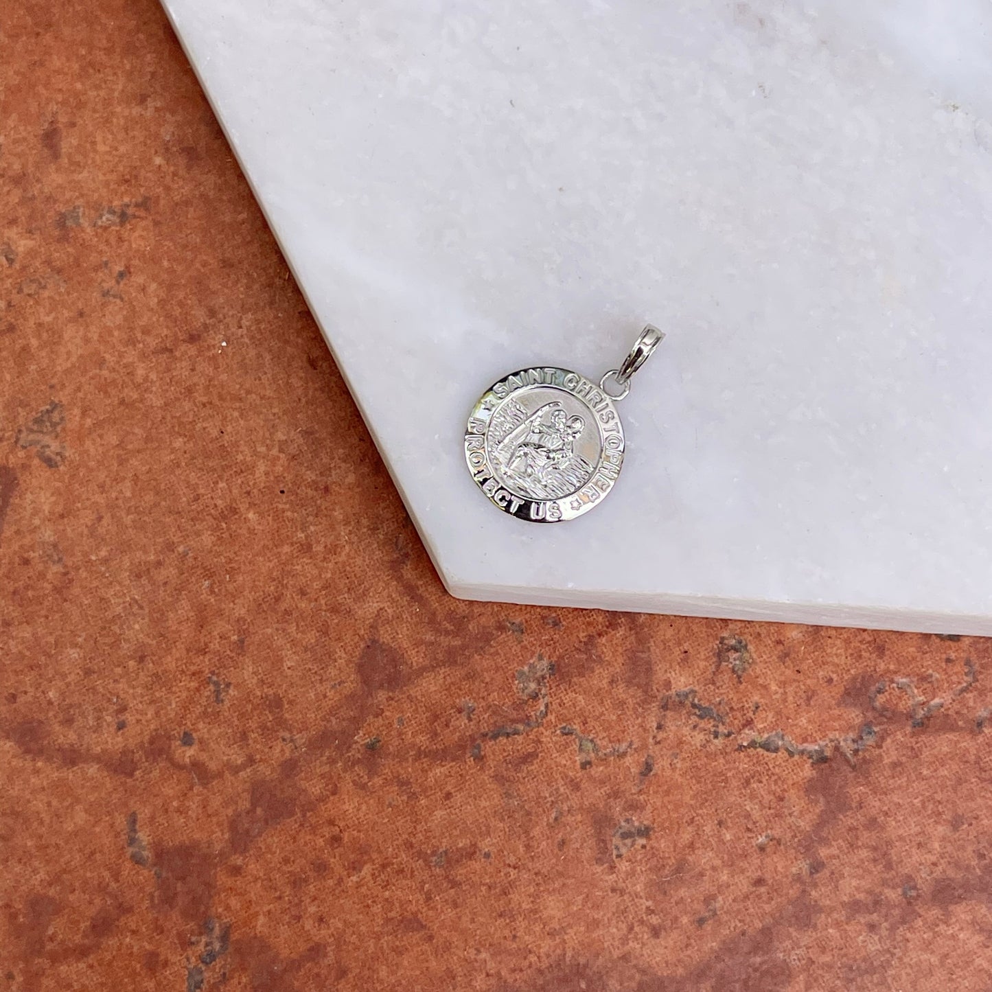 14KT White Gold St Christopher Round Medal Pendant 15mm