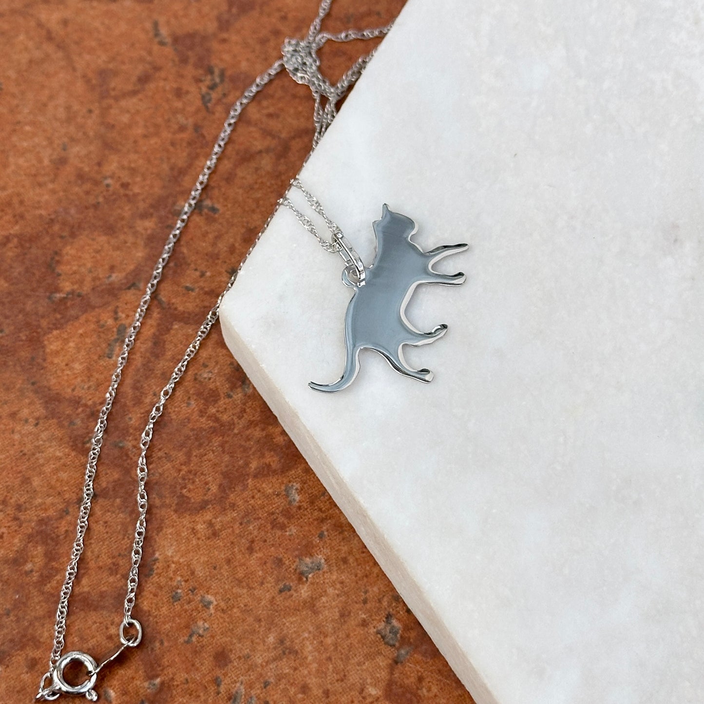 Sterling Silver Strolling Cat Flat Pendant Charm Necklace