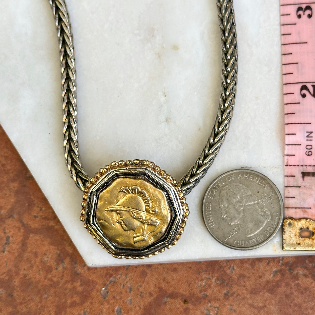 Estate Gold-Tone and Silver Faux Roman Coin Foxtail Necklace