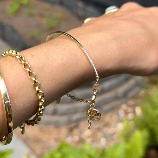 14KT Yellow Gold Half Bangle + Charm Roman Coin Bracelet