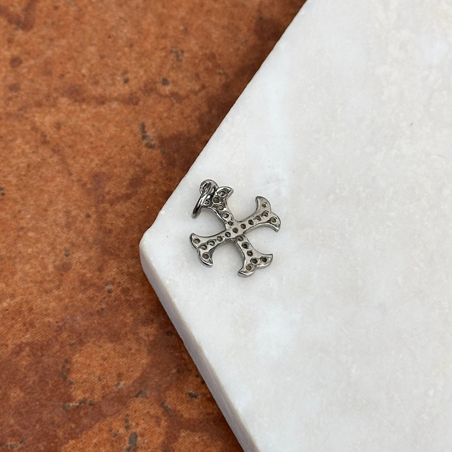 Sterling Silver Pave Diamond Gothic Cross Pendant Charm 13mm Blackened