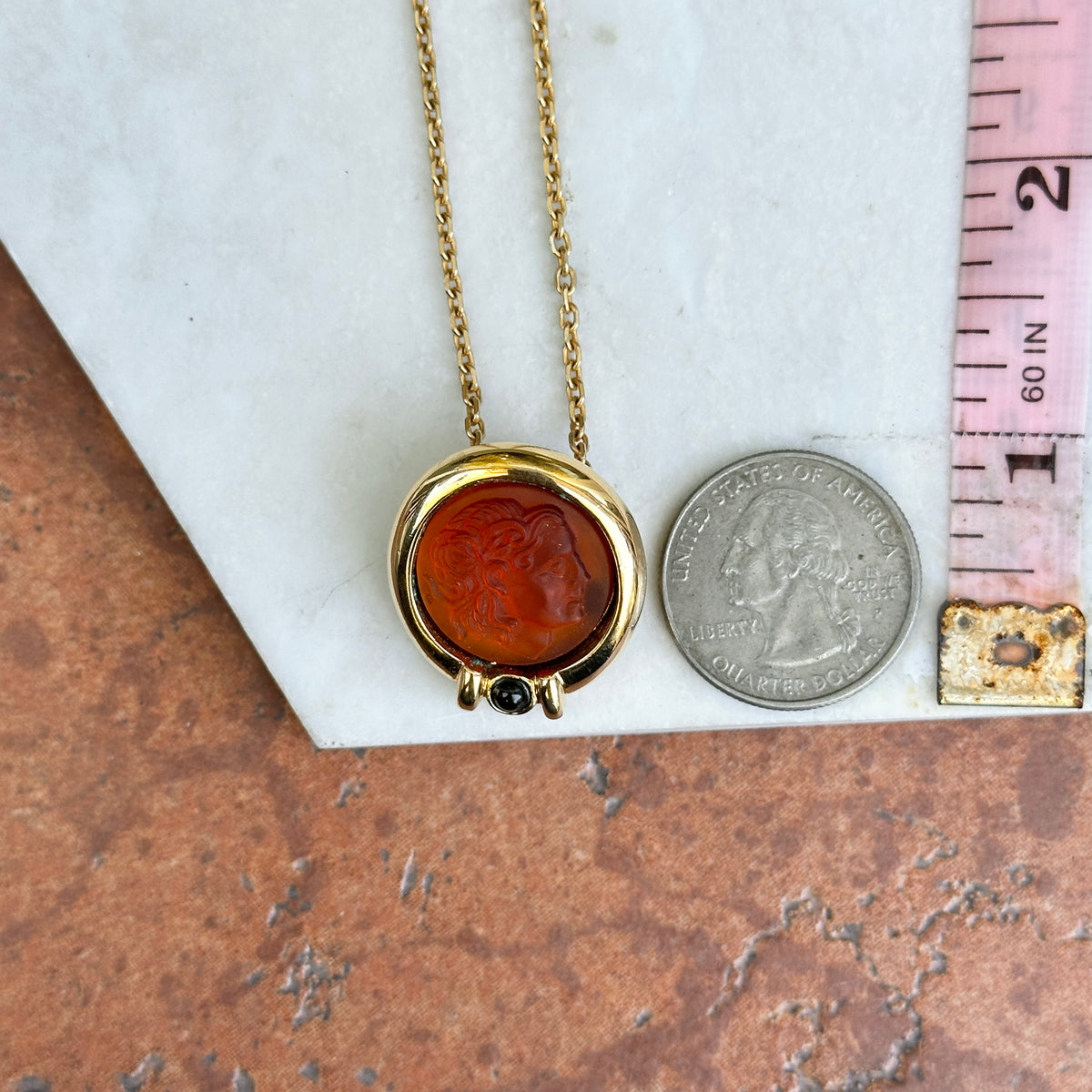 Estate Gold-Tone Orange Intaglio Bezel + Onyx Necklace